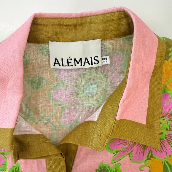 ALEMAIS Winnie Floral Print Linen Shirt Button-Down Top Tangerine US 4 Oversized - Picture 10 of 10